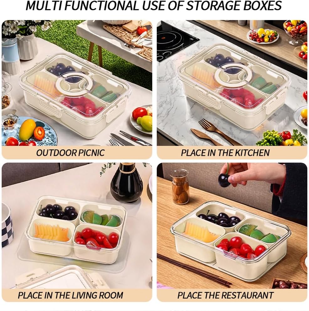 Small Snackle Box Container with Lid, 4 Compartment Travel Snack Container with Handle, Divided Serving Tray with Lid, Portable Snack Box for Candy, Fruits, Nuts, Snacks, Veggies
