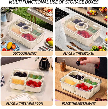 Small Snackle Box Container with Lid, 4 Compartment Travel Snack Container with Handle, Divided Serving Tray with Lid, Portable Snack Box for Candy, Fruits, Nuts, Snacks, Veggies