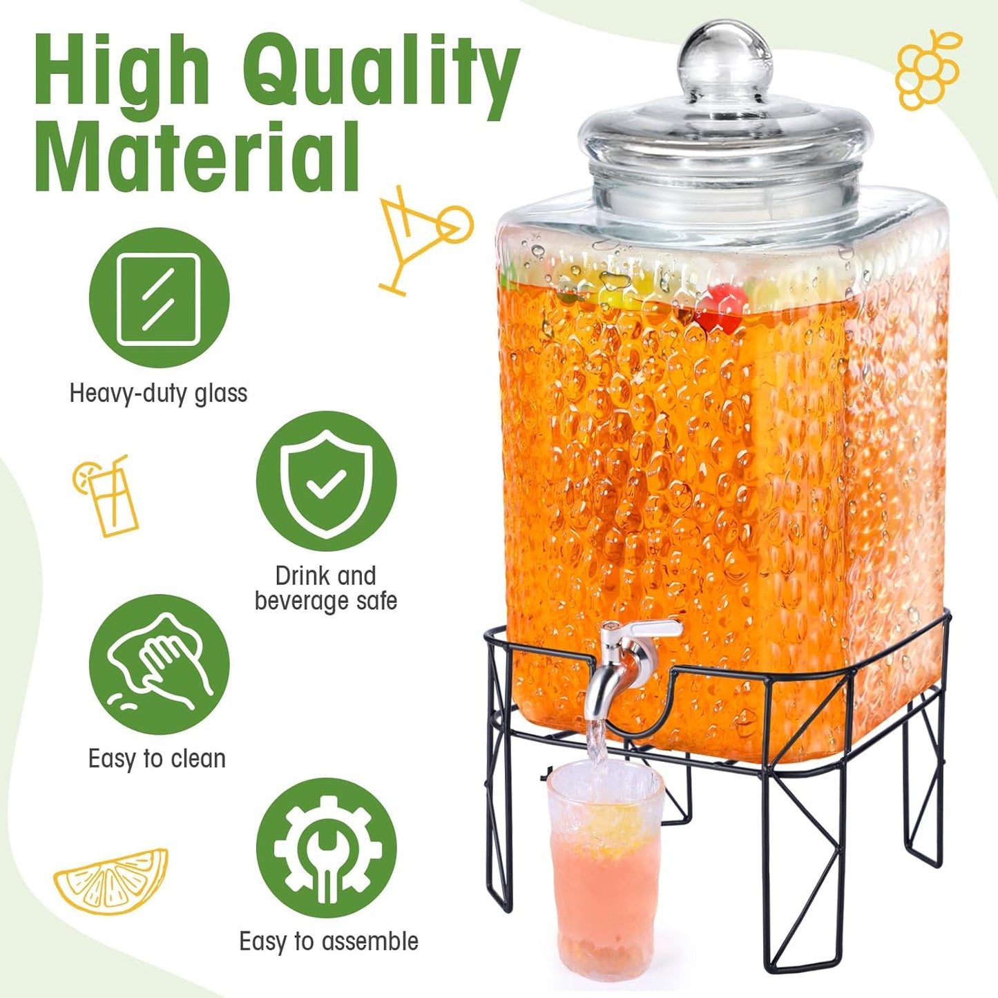 Honeydak 1.5 Gallon Glass Beverage Dispenser with Stand Stainless Steel Spigot Glass Lid Clear Iced Juice Container Leakproof Drink Dispenser Countertop Lemonade Water Jar for Wedding Party (3 Pack)