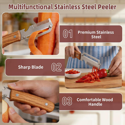 Multifunctional Vegetable Peeler, 3 in 1 Julienne Peeler with Wooden Handle, Vegetable Shredder with Bottle Opener for Peeling Veggie Fruit Pineapple Pumpkin Carrot(2 Pack)