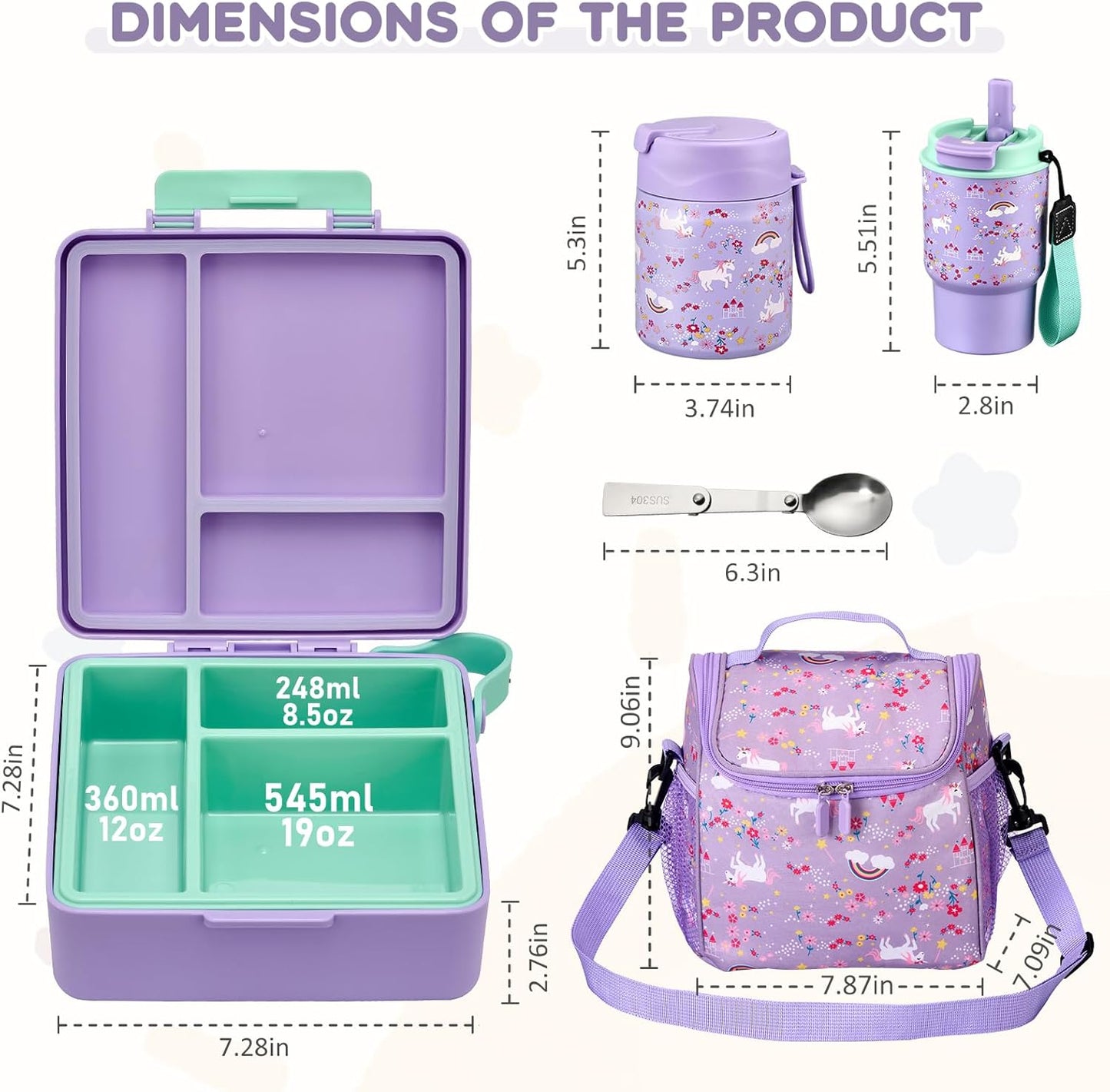 Pawtong Lunch Box Set with Bento Box Container, 17OZ Stainless Steel Food Soup Thermo, Kids Water Bottle & Portable Insulated Lunch Bag, Leakproof, Hot/Cold Retention for School, Travel (Purple-Horse)