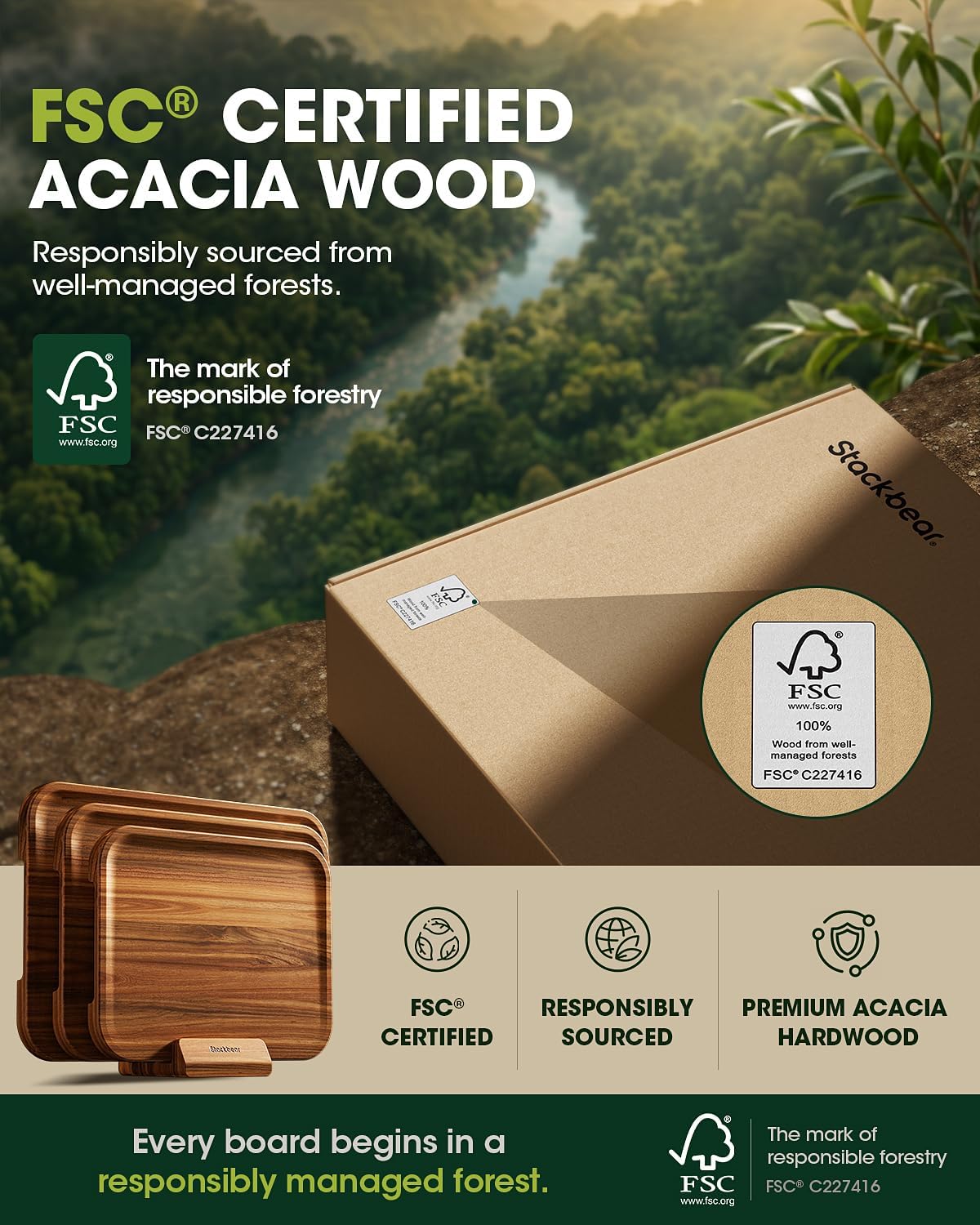 Starkbear Acacia Wood Cutting Board Set of 3 with Stand, Core-Cut Non Slip Wooden Chopping Block, Sloped Juice Groove Reversible Charcuterie Serving Tray for Modern Kitchen Gift