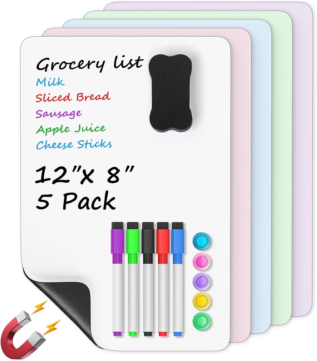 MaxGear 5 Pack Magnetic Whiteboard Sheets for Fridge, 12"x 8" Small Refrigerator Dry Erase Board for Kitchen Organizer and Planner, Smooth and Reusable, Includes 5 Markers, 5 Magnets and 1 Eraser