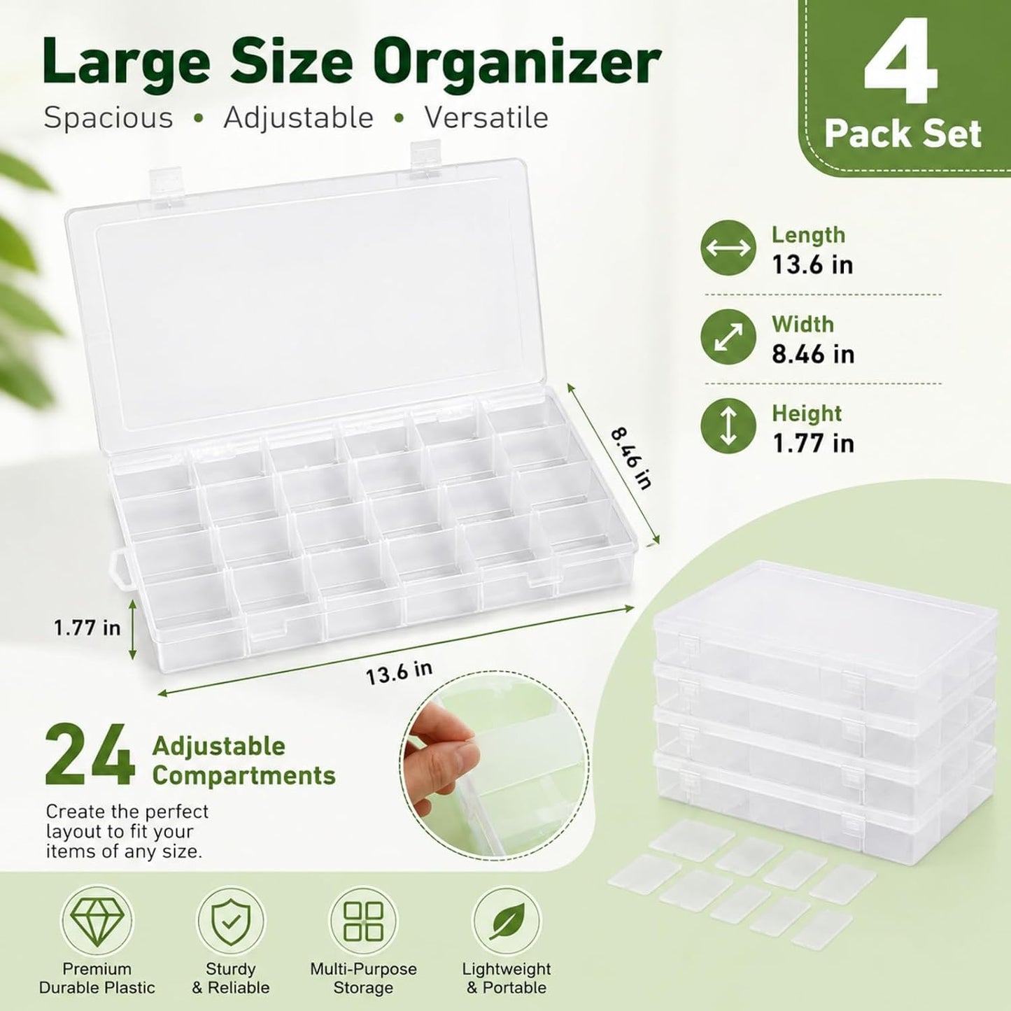 APACALI 6 Pack Plastic Organizer Box with Dividers, 18 Grids Clear Tackle Box Organizer, Adjustable Compartment Storage Boxes for Beads, Jewelry, Crafts, Fishing Lures, Screws and Small Parts