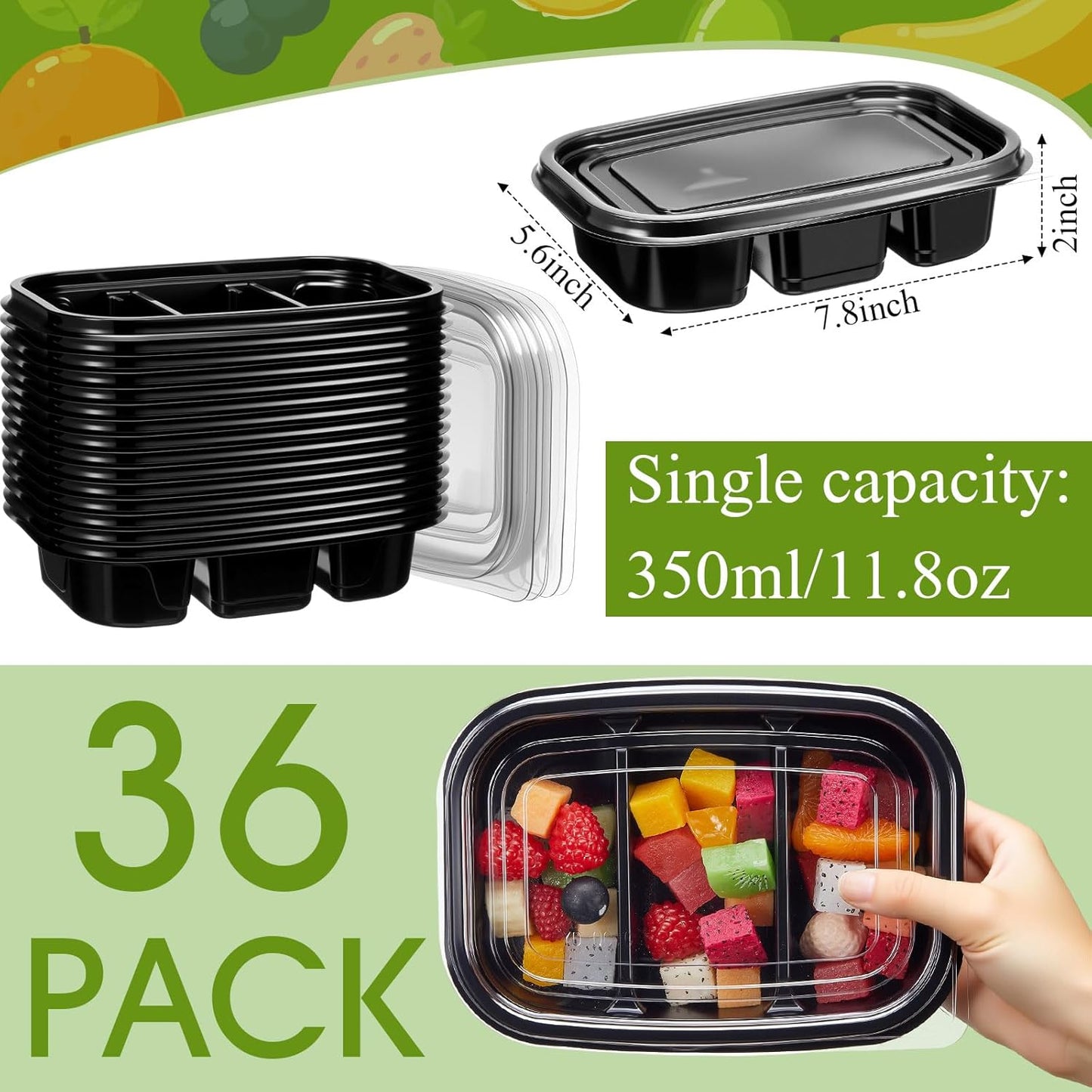 Chunful 36 Pcs 3 Compartment Transparent Snack Containers with Lids Disposable Bento Box Plastic Food Meal Prep Containers for Condiment Salad Dipping School Work Lunch