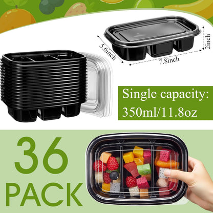 Chunful 36 Pcs 3 Compartment Transparent Snack Containers with Lids Disposable Bento Box Plastic Food Meal Prep Containers for Condiment Salad Dipping School Work Lunch