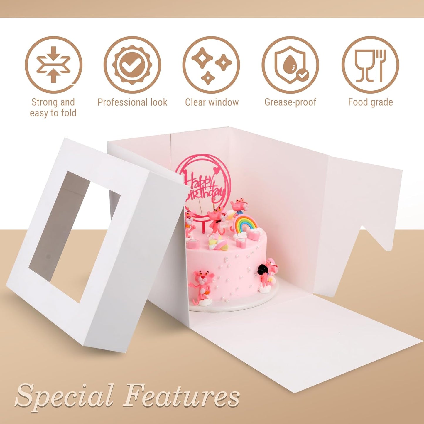 Cakebon Cake Boxes with Drums - 10 Inch Round White Cake Boards/Base para Pasteles (1-Pack) - Caja para Pasteles with Window for Birthdays, Weddings and Parties