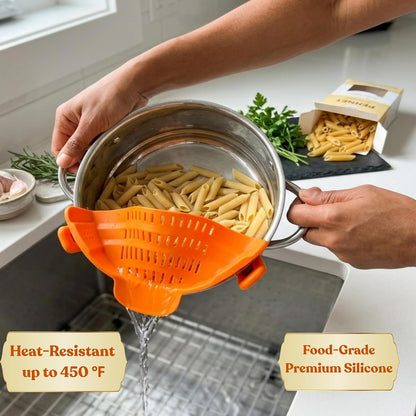 Clip On Strainer Silicone for Pots and Pans, Universal Fit Pasta Strainer and Pot Colander, Space Saving Food Drainer with Collapsible Funnel and Garlic Peeler, 3 Pcs Set, Gray
