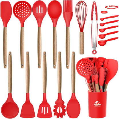 MIBOTE 17 Pcs Silicone Cooking Kitchen Utensils Set with Holder, Wooden Handles Silicone Turner Tongs Spatula Spoon Kitchen Gadgets Utensil Set for Nonstick Cookware (Grey)