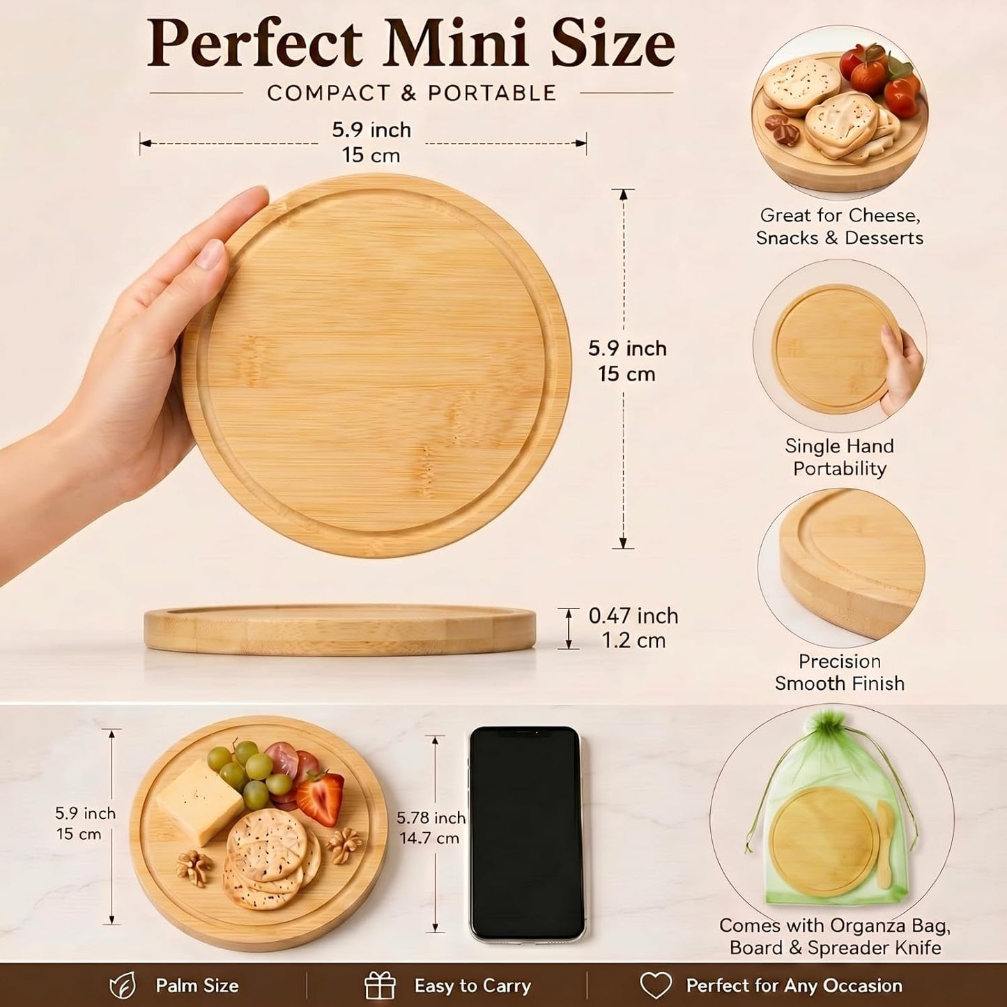 Nuenen 50 Pcs Mini Wooden Charcuterie Board Bulk, Small Wood Cutting Board for Crafts Laser Engraving with Knives Organza Bags Wedding Baby Shower Favors Gift (Square,Bamboo Color)