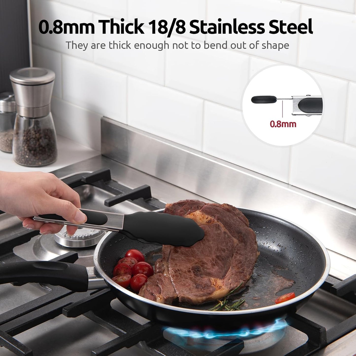 600ºF Heat Resistant Kitchen Tongs: U-Taste 9 inch Silicone Cooking Tong with Firm Sealed Non Stick Rubber Tips & Silicon Coated 18/8 Stainless Steel Handle & Smooth Locking for Serving Salad (Black)