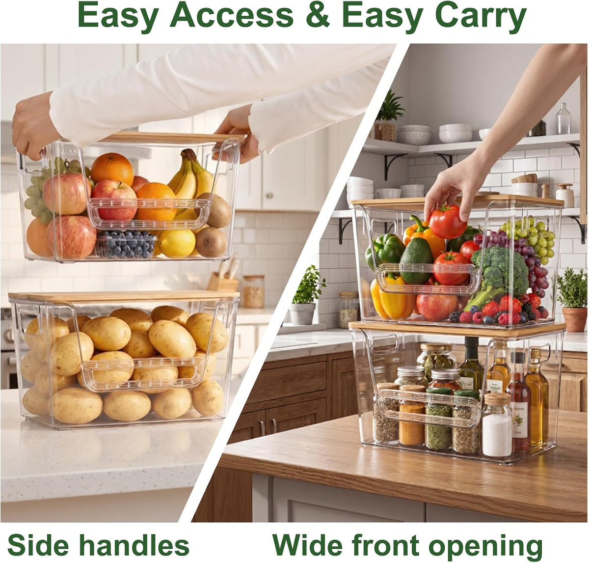 FUSHITON 2 Set Pantry Organizers with Bamboo Lids, Clear Storage Bins with Handles, U-Shaped Front Opening with Removable Stopper for Trash Bag Dispenser, Potato Onion Garlic Storage