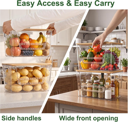 FUSHITON 2 Set Pantry Organizers with Bamboo Lids, Clear Storage Bins with Handles, U-Shaped Front Opening with Removable Stopper for Trash Bag Dispenser, Potato Onion Garlic Storage