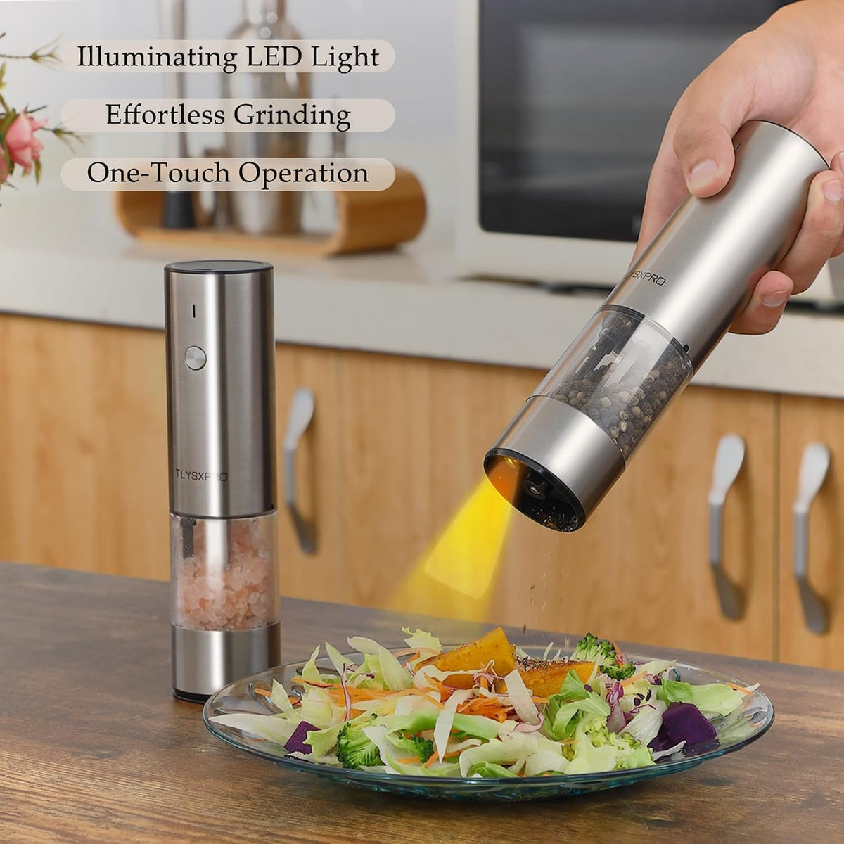 Electric Salt and Pepper Grinder Set, USB Rechargeable, Automatic Salt and Pepper Mill Grinder with Adjustable Coarseness, Electric Salt Shakers, LED Light, Refillable (2 Packs, Greige)