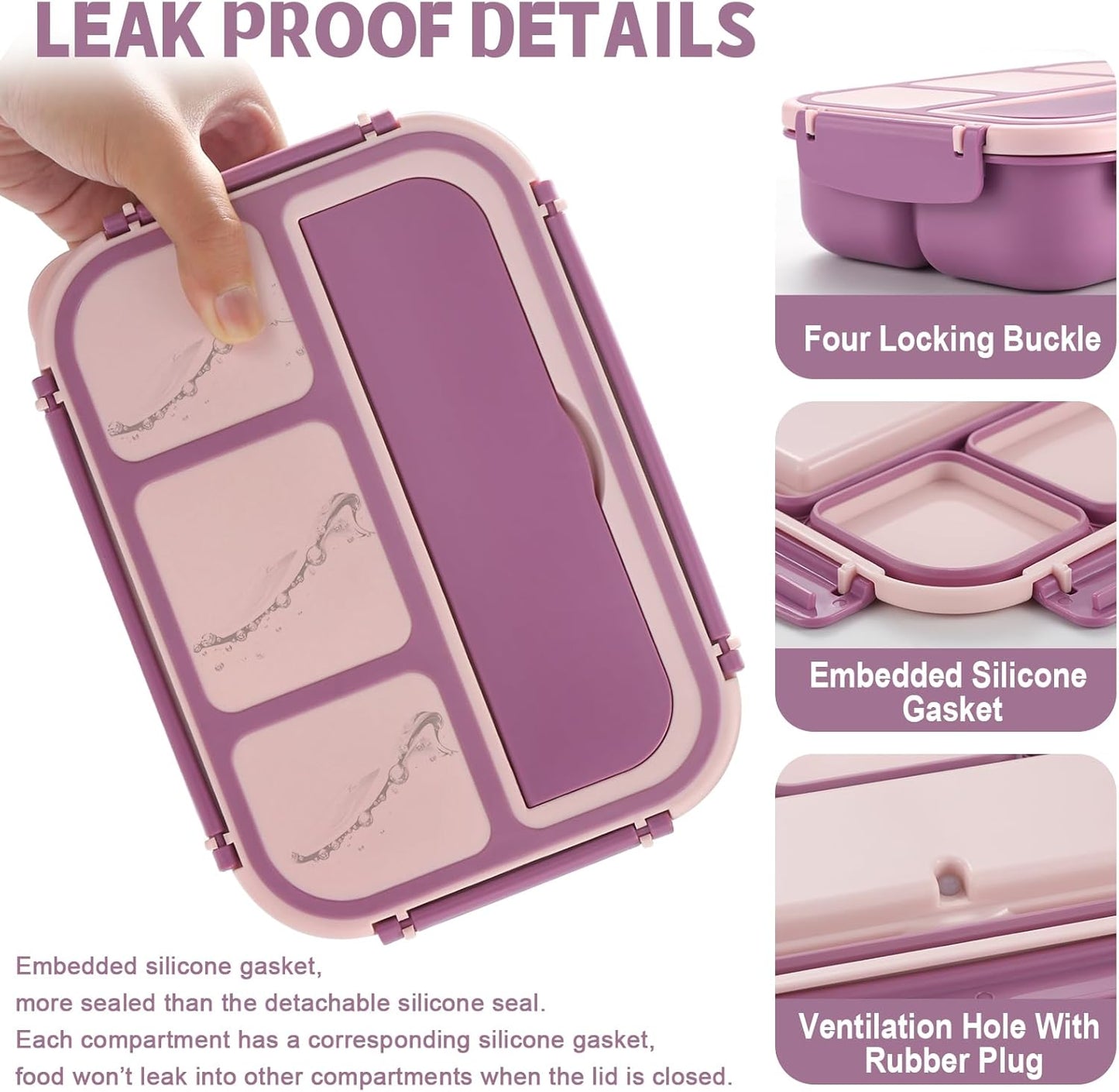 Bento Box Adult Lunch Box, Lunch Containers for Kids Girls Boys with 4 Compartments, Lunchable Food Container with Utensils, Sauce Jar, Muffin Liners, 40 Oz/5 Cup, Microwave Safe, Lavender