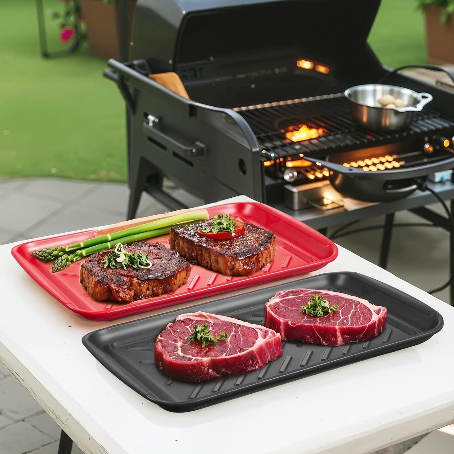 VEVOR Plastic Serving Trays, 2-Pack Grilling Prep and Serve Trays with Handles, 17x10.35 Inch Anti-Slip Melamine Food Tray, Ideal for BBQ, Kitchen, Cafeteria, Ottoman, Coffee Table, Black and Red