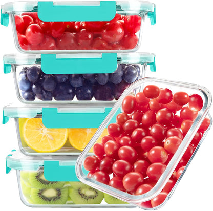BAYZZ Glass Food Storage Containers, 5 Pack 35 Oz Glass Meal Prep Containers, Lunch Boxes with Airtight BPA-Free Lids, Microwave, Freezer and Dishwasher Safe