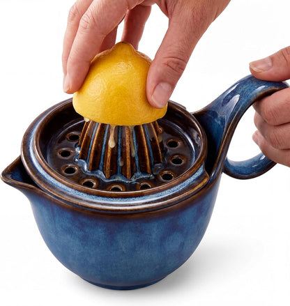 Sawysine Ceramic Lemon Squeezer Manual Citrus Juicer with Strainer Hand Press Lime Orange Reamer with 8.45 oz Cup Strainer Lid Spout Handle for Citrus Fruits Home Kitchen Bar(Classic,Dark Blue)
