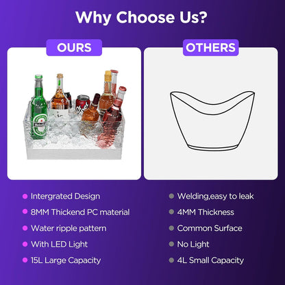 Plastic Ice Bucket for Parties, 15Liter / 4 Gallon Big Large Clear Beverage Tub for Champagne Beer Drink Wine Cocktails Bar, Hosting Party Essentials, LED Light Up, Rectangular, Leakproof