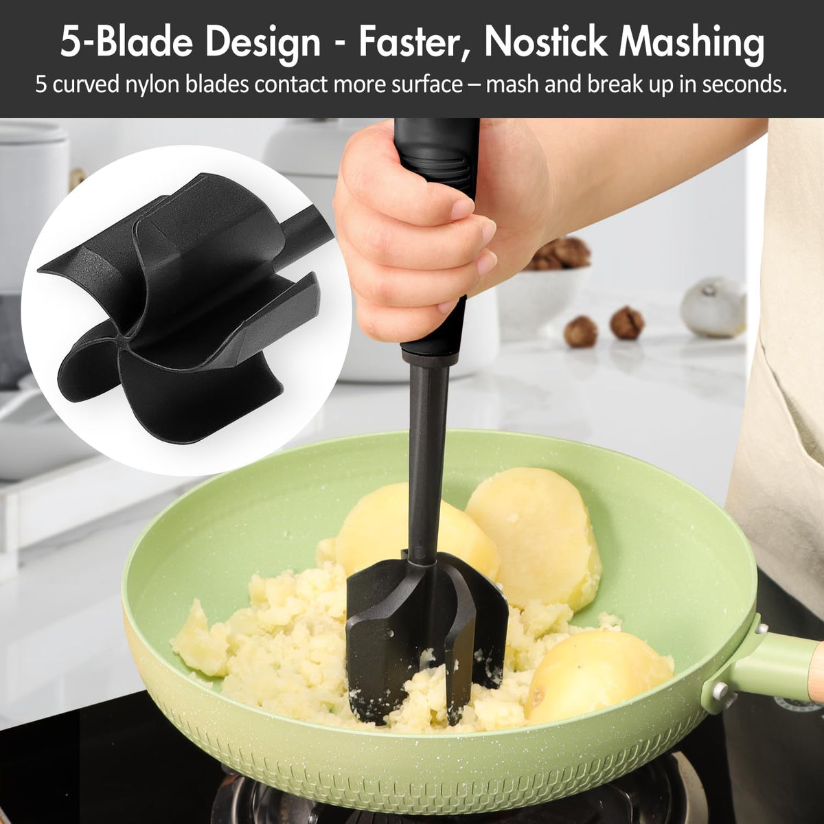 Ourokhome Meat Chopper and Potato Masher, Heat Resistant Nylon Ground Beef Smasher for Hamburger, 5 Curved Blades Nonstick Safe Mixer & Stirrer, Practical Kitchen Gadgets, Mint