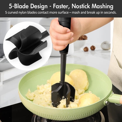 Ourokhome Meat Chopper and Potato Masher, Heat Resistant Nylon Ground Beef Smasher for Hamburger, 5 Curved Blades Nonstick Safe Mixer & Stirrer, Practical Kitchen Gadgets, Mint