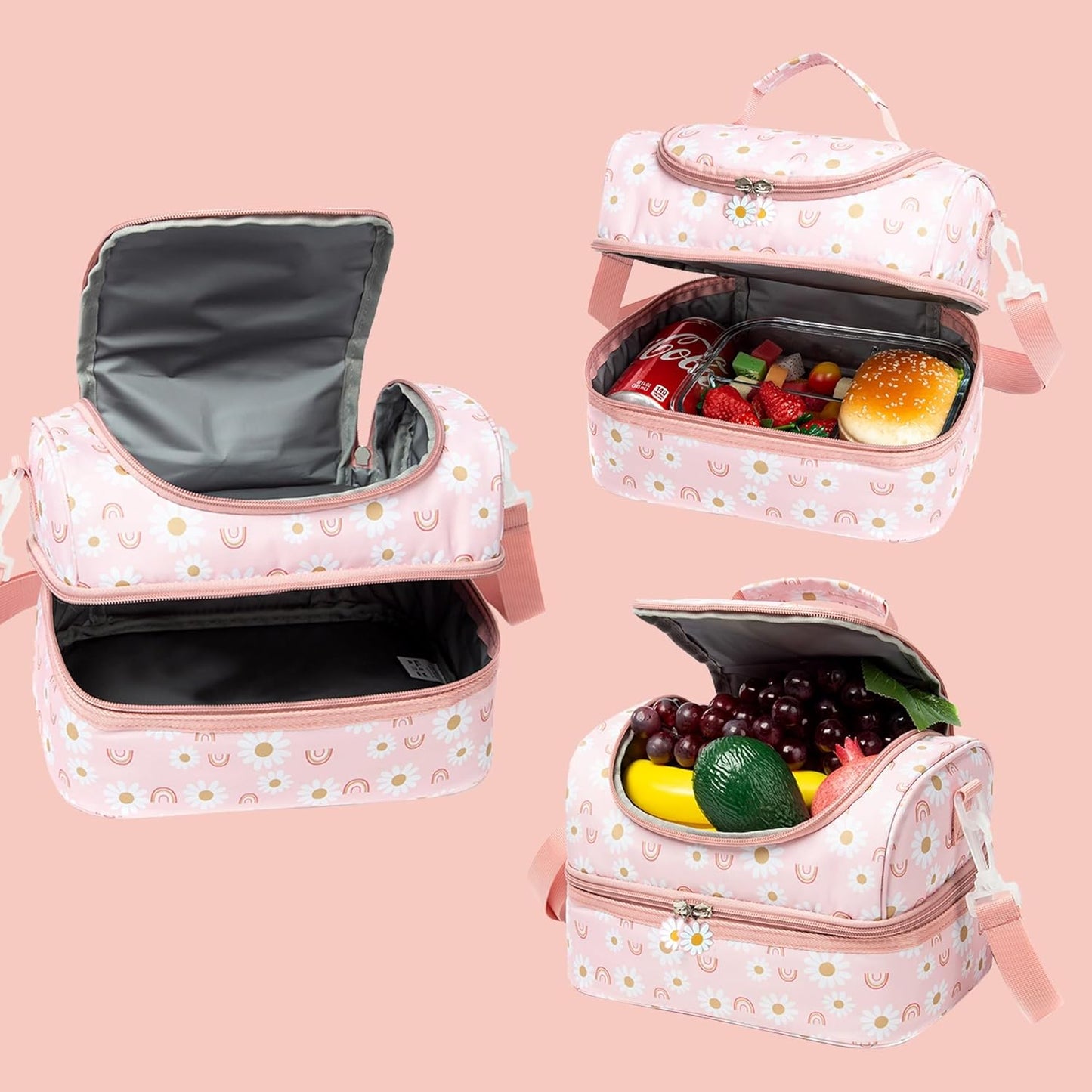 Insulated Kids Dual Compartment Lunch Bags Tote Pack for Girls Boys Toddler Kindergarten School Picnic Cooler Thermal Lunch Boxes with Strap (Green Rainbow)