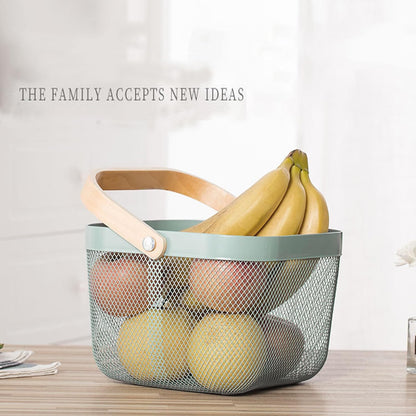 AJIODA Metal Mesh Steel Basket, Storage Organizer Basket Multi-functional Hanging Kitchen Baskets Fruit Basket Bin with Bamboo Handle for Kitchen Bathroom Picnic Shopping Decor Cabinet Home, Blue