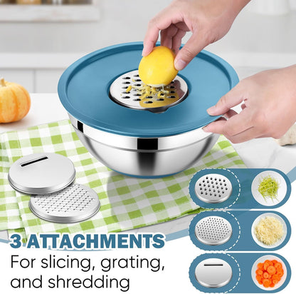 E-far 25PCS Mixing Bowls with Lid Set, Stainless Steel Nesting Prep Bowls with Grater Attachments Non-Slip Bottoms for Cooking, Serving, Food Storage, 4.6/2.6/2/1.5/1/0.7QT - Khaki