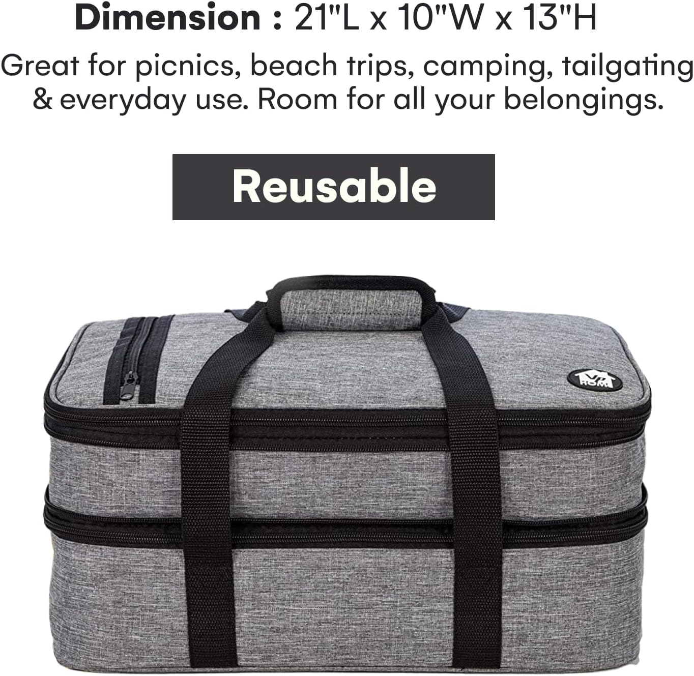 VP Home Large Casserole Carrier - Double Compartment Insulated Bag for Hot or Cold Food - Cupcake Carrier - Insulated Tote Bag with Lid for Travel Parties or Food Transport Containers - Heather Gray