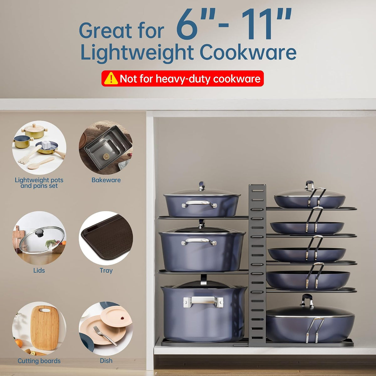 ORDORA Pots and Pans Organizer Under Cabinet 16.6", 8-Tier Adjustable Rack
