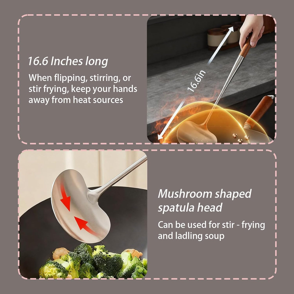 Stainless Steel Wok Spatula, Mushroom Shaped Metal Cooking Flipper, Long Wood Handle Stainless Steel Wide Scraper for Kitchen Cooking, 16.6 Inches, 1 Piece