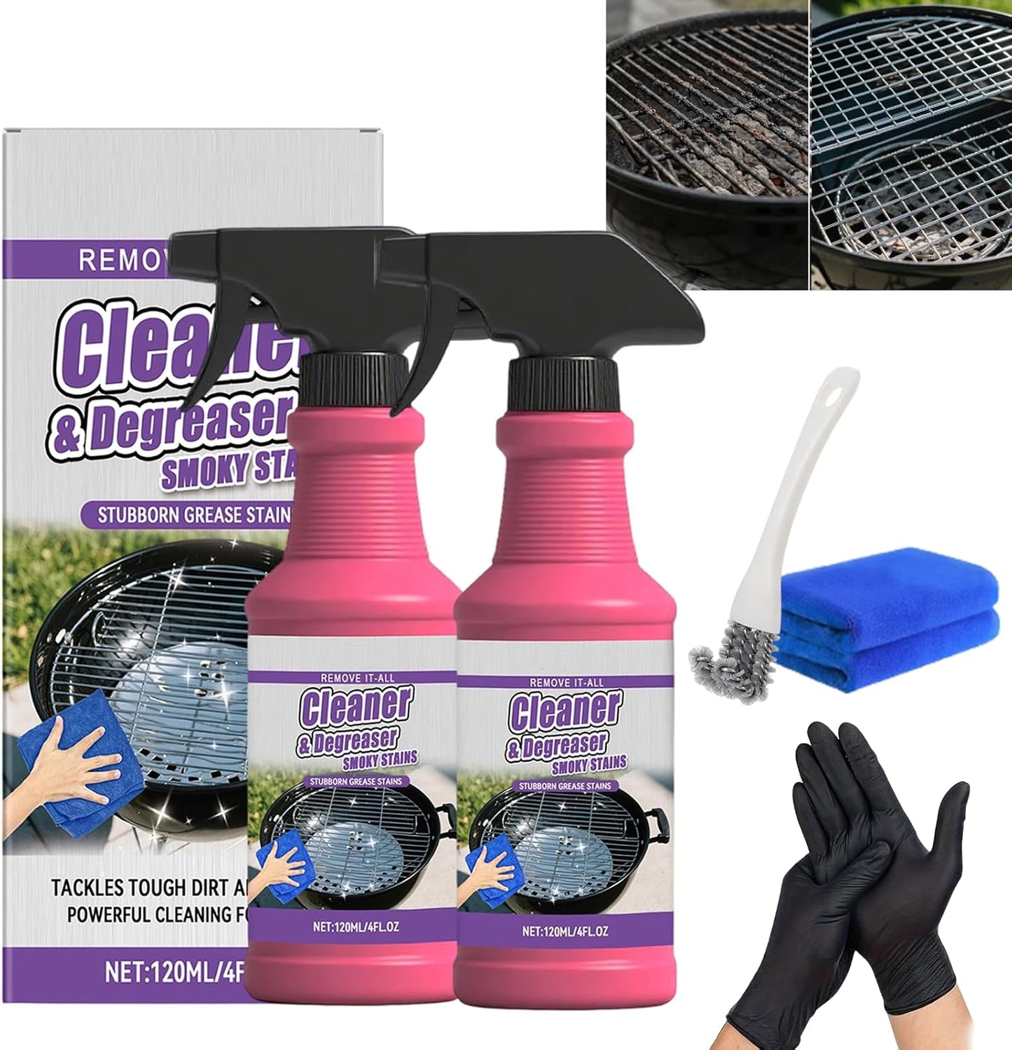 Fast-Acting Heavy-Duty Grill Degreaser Spray, 120ml BBQ Grill and Grate Cleaner Spray with Gloves, All Purpose Oven Degreaser Cleaner for Barbecue Grills, Smoky Stains and Stubborn Grease (2PCS)