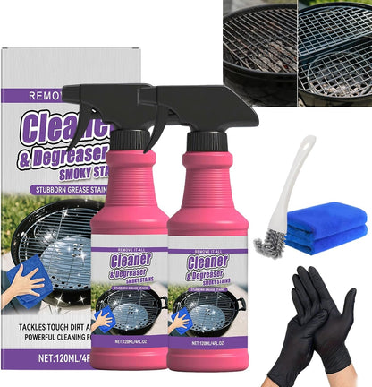 Fast-Acting Heavy-Duty Grill Degreaser Spray, 120ml BBQ Grill and Grate Cleaner Spray with Gloves, All Purpose Oven Degreaser Cleaner for Barbecue Grills, Smoky Stains and Stubborn Grease (2PCS)
