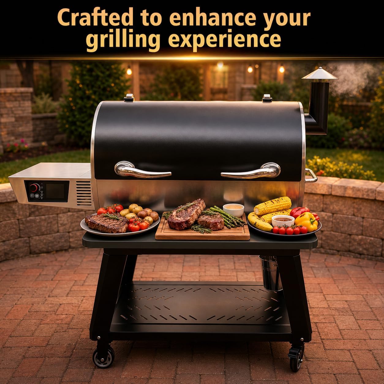 QuliMetal Folding Front Shelf for Traeger Pro 34, Texas Elite 34, Century 885 and Eastwood 34, 37" x 12" Heavy-Duty Grill Prep Table with Cutting Board, Stainless Steel Basin, Lid and 5 Hooks