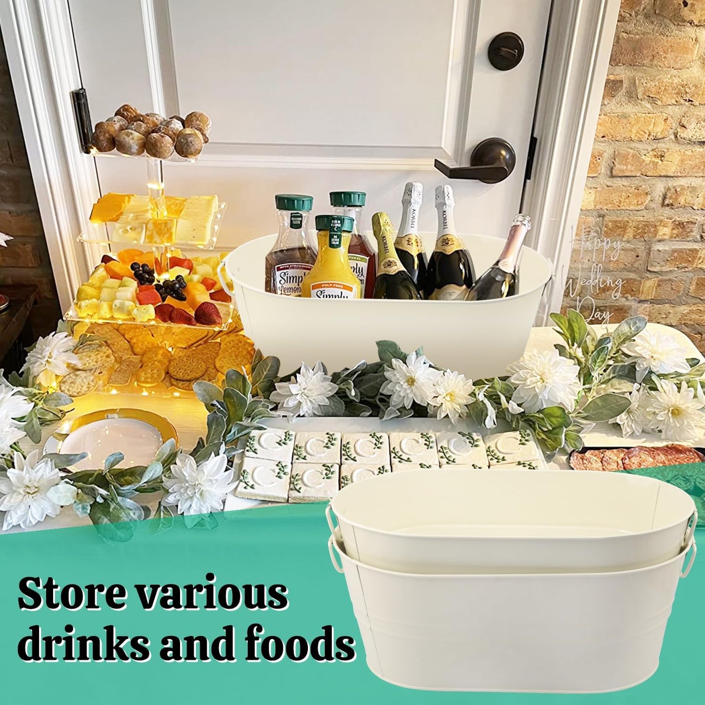 3 PCS 15.3 x 9 x 6 inch White Metal Galvanized Tub with Handles, 3 Gallon Large Beverage Tubs for Wine, Cocktails, Parties, Outdoor Beer Ice Tub