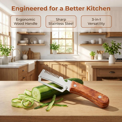 2pcs Multifunctional Vegetable Peeler Shredder, 3-in-1 Stainless Steel Julienne Peeler Tool with Bottle Opener and Non-slip Wooden Handle, Fruit Peeling Knife for Kitchen