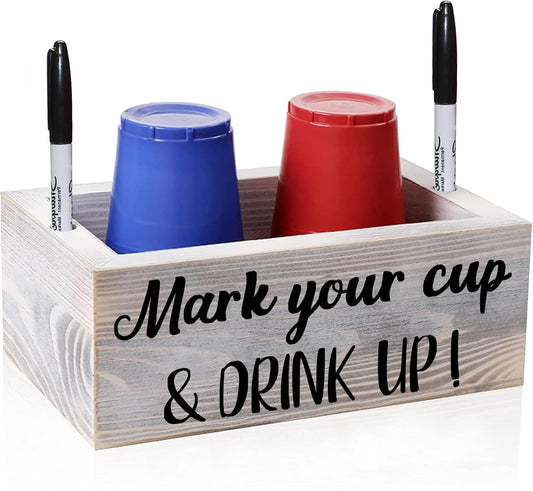 Wooden Cup Holder with Marker Slot, Disposable Plastic Party Cup Organizer for Holiday Gatherings - Hosting Essential to Mark Your Cup & Drink Up, Prevent Mix-Ups, Reduce Waste