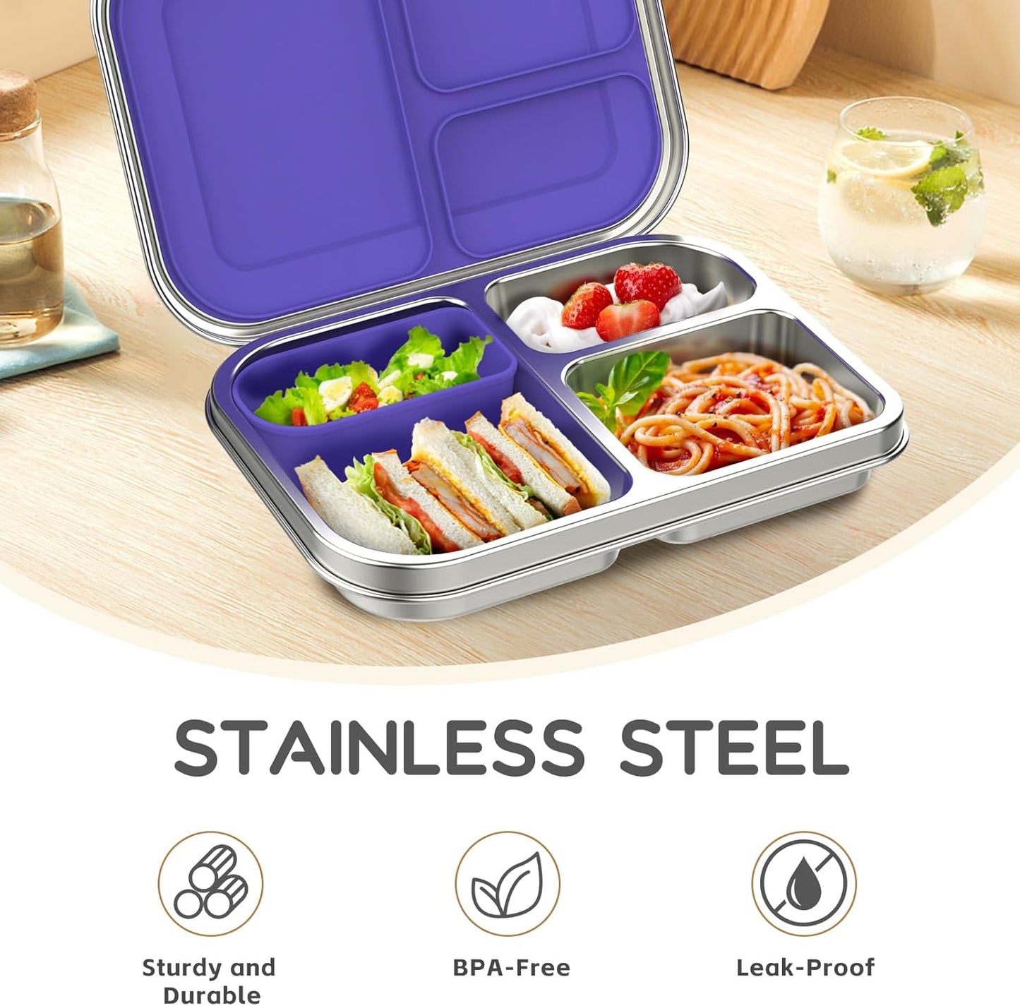 BOSEDSANG Stainless Steel Kids Leak-Resistant Bento Lunch Box, 3-Compartments with Silicone Container, Dishwasher-Safe, Child-Friendly Design for School, Picnics & Travel,BPA-Free(Pink)