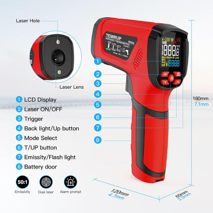 Infrared Thermometer Gun, Non Contact Digital Laser Thermometer Temperature Gun with Color LCD for Cooking, Home Repairs, Humidity Measurement, Adjustable Emissivity -58°F to 1472°F(-50~800°C)