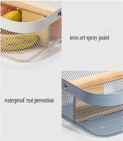 AJIODA Metal Mesh Steel Storage Basket, Garden Harvest Wire Organizer Basket Multi-functional Kitchen Fruit Basket with Wooden Removable Partition & Handle for Bathroom Picnic Decor Cabinet, Grey