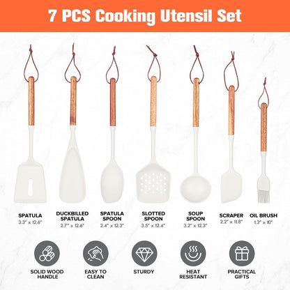 Silicone Cooking Utensils Set of 7 Pack, Wood Handle Heat-Resistant Kitchen Utensils, Non-Stick Cookware Safe - Include Spatula, Spoon, Ladle, Bowl Scraper, Basting Brush for Cooking, Baking, BBQ