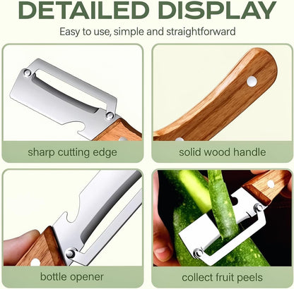 2-in-1 Multifunctional Vegetable Peeler with Wooden Handle & Stainless Steel Blade, Multifunctional Vegetable Peeler, Built-in Bottle Opener, Fruit & Vegetable Kitchen Peeling Tool (1Pcs)