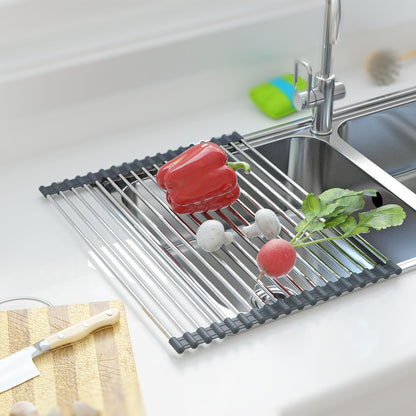 Expandable Roll Up Dish Drying Rack Over The Sink Rack, Foldable Dish Drainer Rack Stainless Steel for Large Sink, Silicone Rollable Collapsible Rack 18 Tube for Kitchen(Sliver,12.8'' to 21.25”)