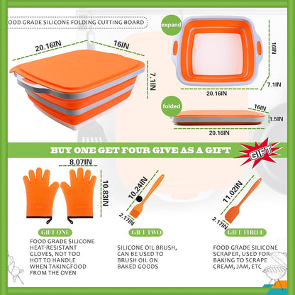 Collapsible BBQ Prep Tub with Lid & Cutting Board 16L - XL Meat Marinating Basin & Grill Carry System - 5pc Set with Heat Resistant Gloves, Basting Brush & Spatula (Black, Large, 16L)