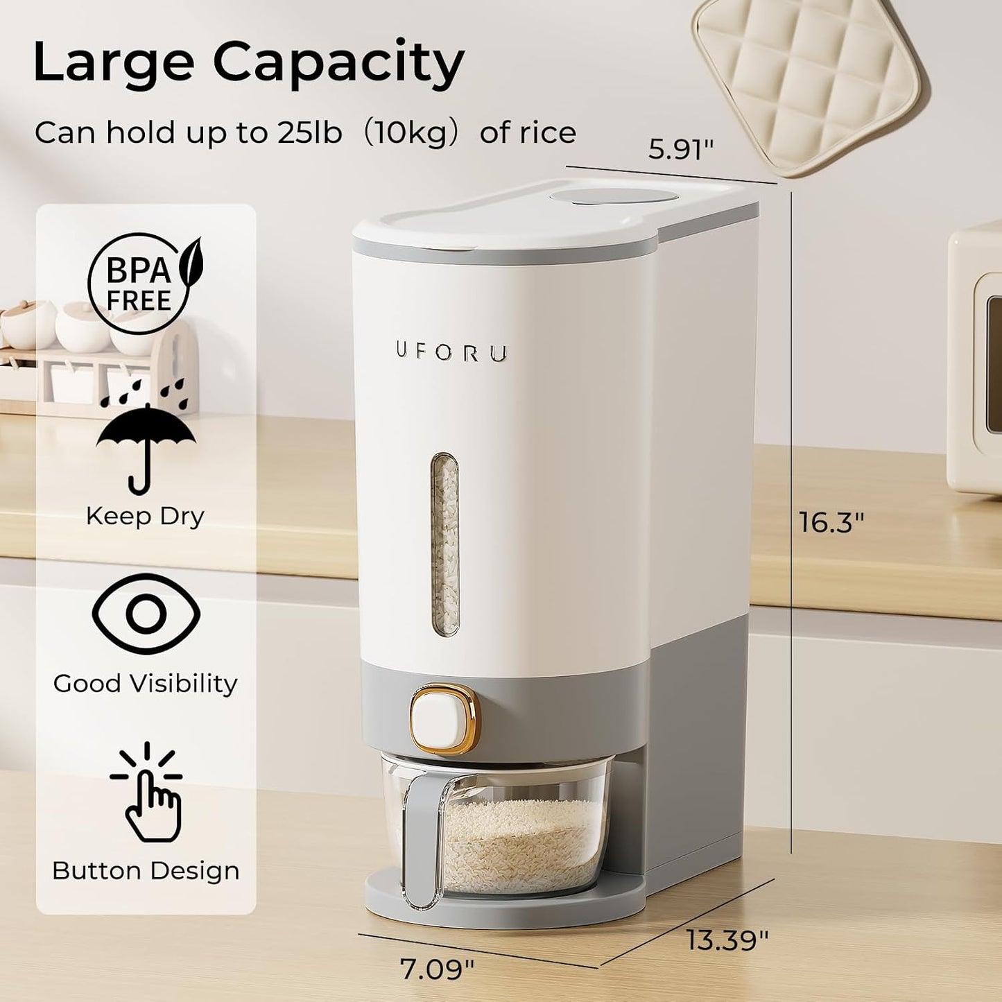 UFORU Rice Dispenser, Rice Storage Container with Measuring Cup for Kitchen Pantry Household, Dry Food Storage Containers Airtight, Sealed Moisture Proof (White 13Lbs)