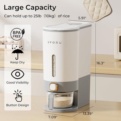 UFORU Rice Dispenser, Rice Storage Container with Measuring Cup for Kitchen Pantry Household, Dry Food Storage Containers Airtight, Sealed Moisture Proof (White 13Lbs)