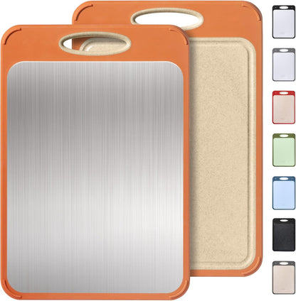 2 Packs Stainless Steel Cutting Board Set, Best Non Toxic Cutting Boards for Kitchen, Double Sided Metal Chopping Board for Meat/Fruit/Vegetables, Food Grade Kitchen Set Gift, [16”×11”+18”×12” Inch]