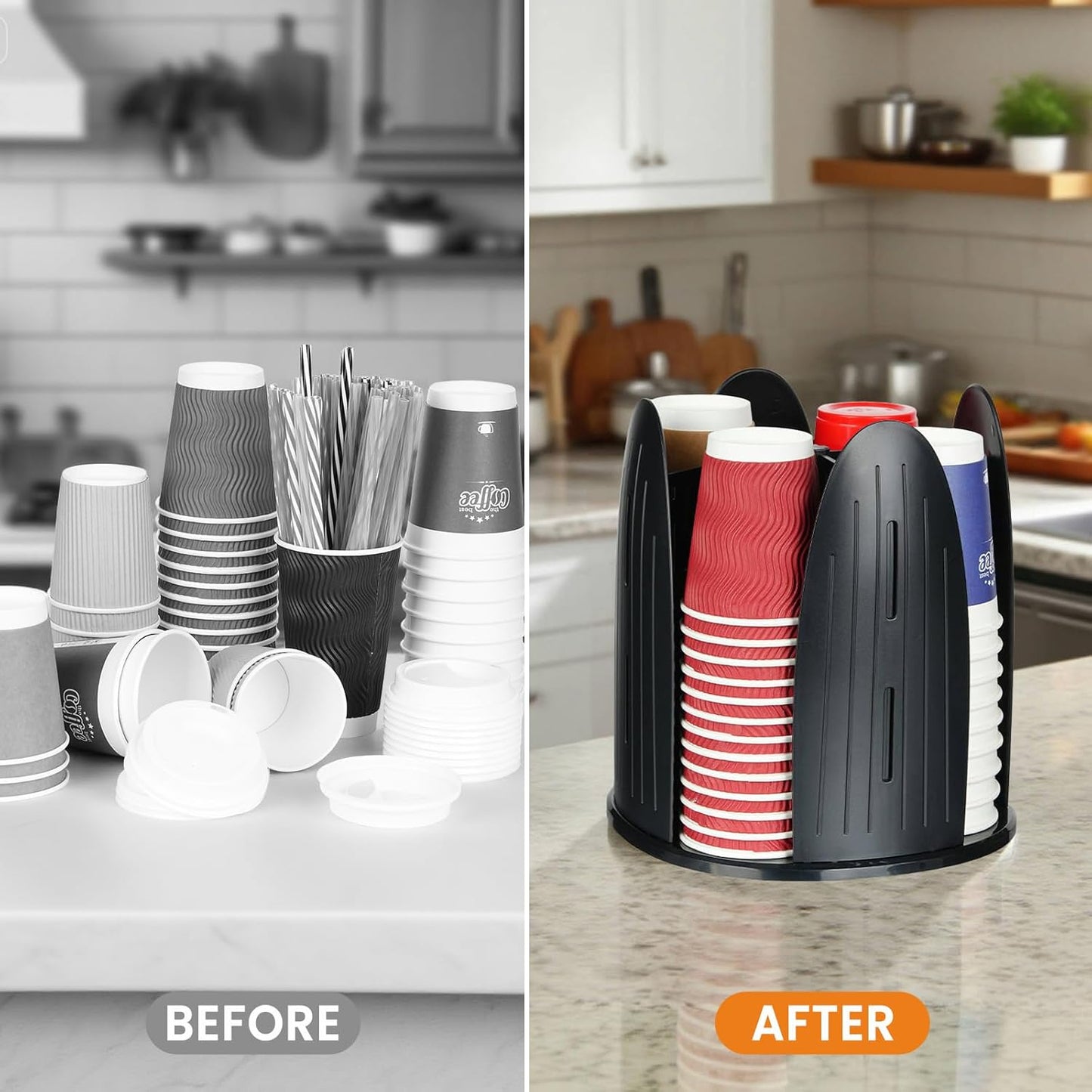 Rotating Paper Cup Dispenser,Cup Holder with 4 Compartments,Plastic Cup Storage and Lid Holder,Disposable Coffee Cup Dispenser Removable for Kitchen, Coffee Stations, Black