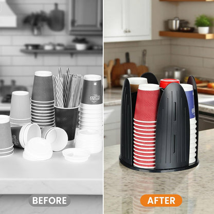 Rotating Paper Cup Dispenser,Cup Holder with 4 Compartments,Plastic Cup Storage and Lid Holder,Disposable Coffee Cup Dispenser Removable for Kitchen, Coffee Stations, Black