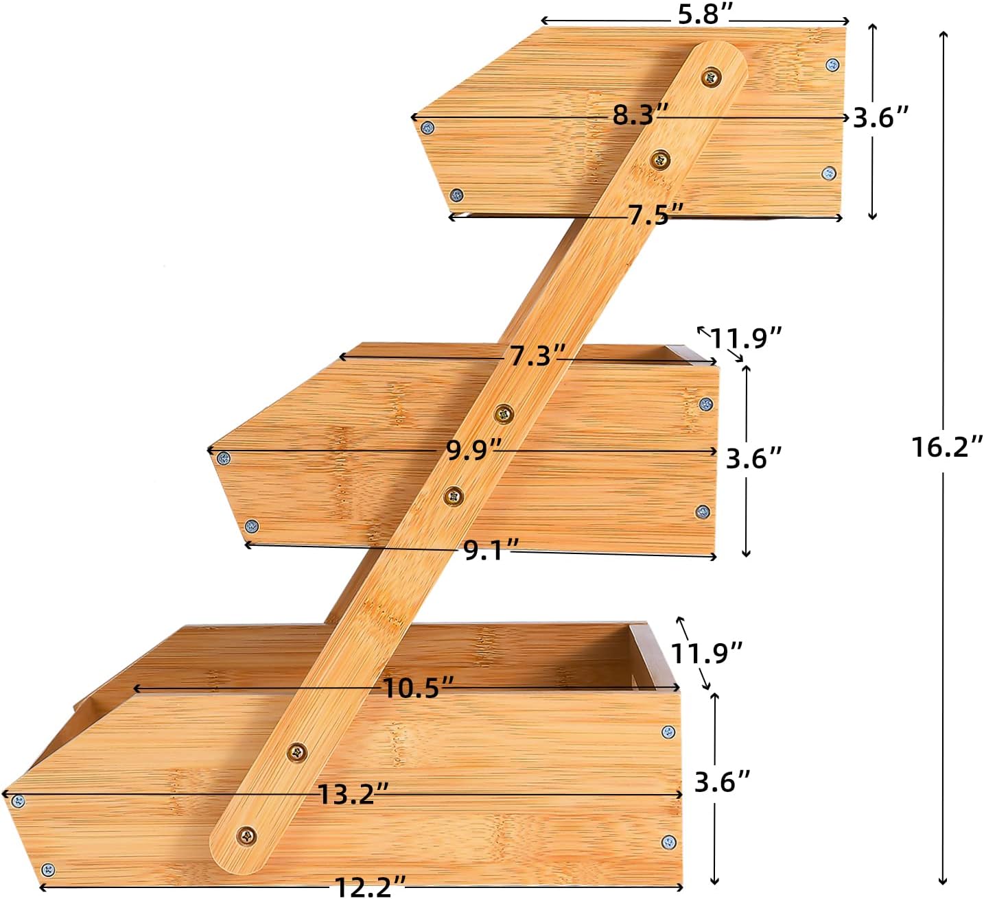 VIKEYHOME Fruit Basket, 2 Tier Bamboo Fruit Basket for Kitchen, 11" Tall Fruit Stand Storage Holder, Heavy Duty/Large Capacity for Vegetables, Fruit, and Snack, 15 mm Thickness (Self-assembly)